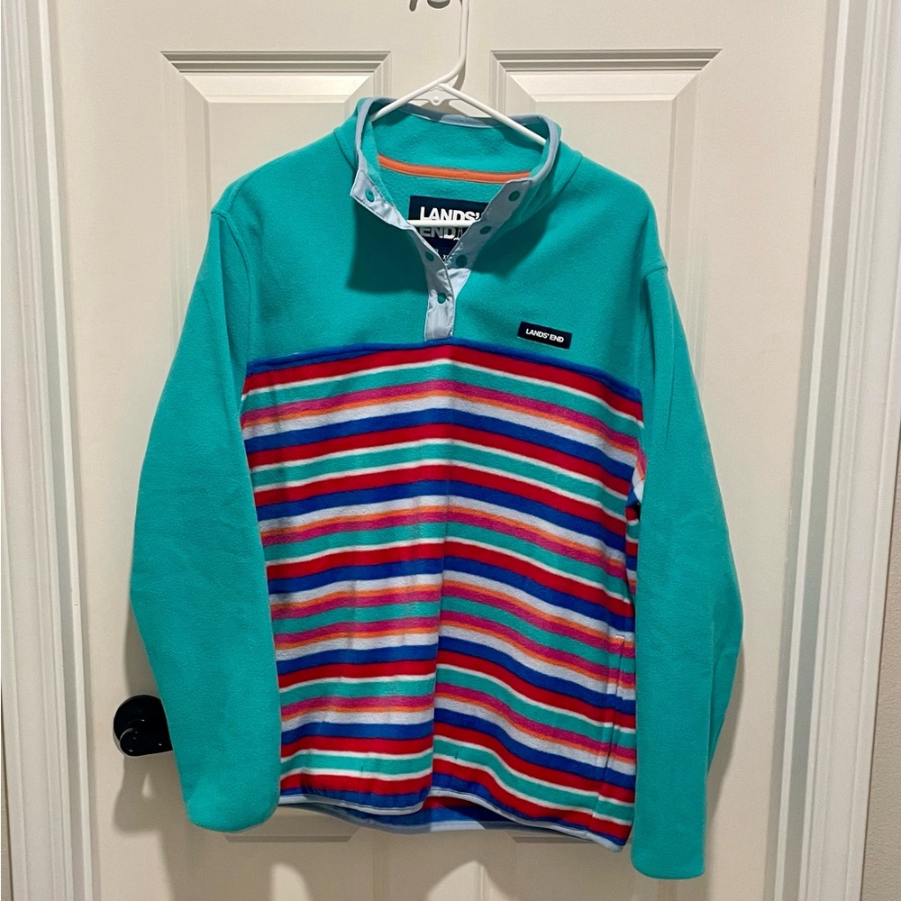 Lands’ End Heritage Fleece Snap Neck Pullover Rainbow Stripe Women’s
